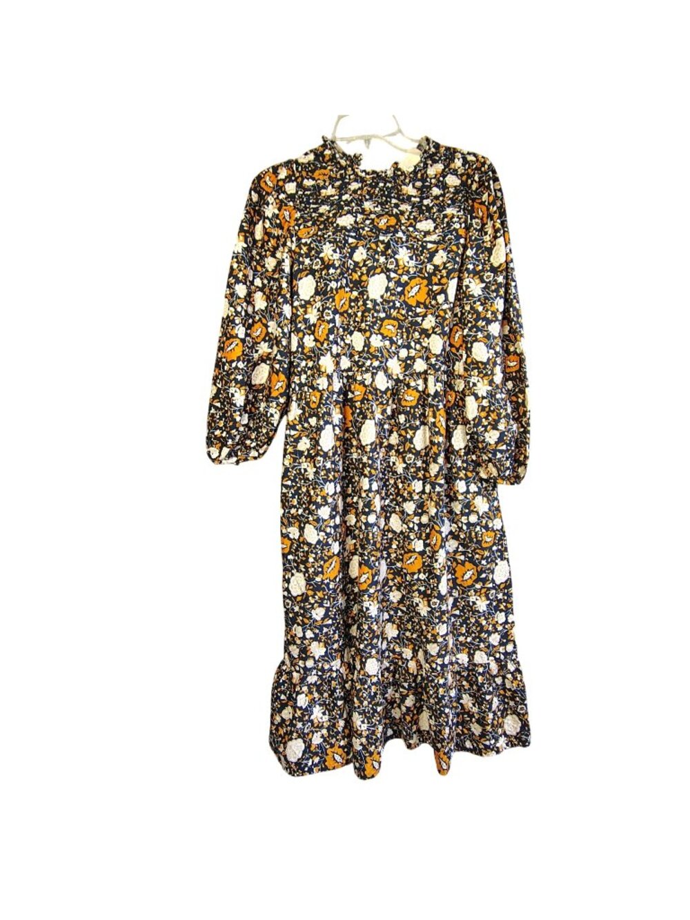 Floral Smocked Prairie Midi Dress Navy Yellow Boho Pockets Medium - Picture 1 of 9
